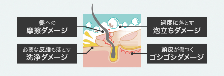 髪への摩擦ダメージ、過度に落とす泡立ちダメージ、必要な皮脂も落とす洗浄ダメージ、頭皮が傷つくゴシゴシダメージ